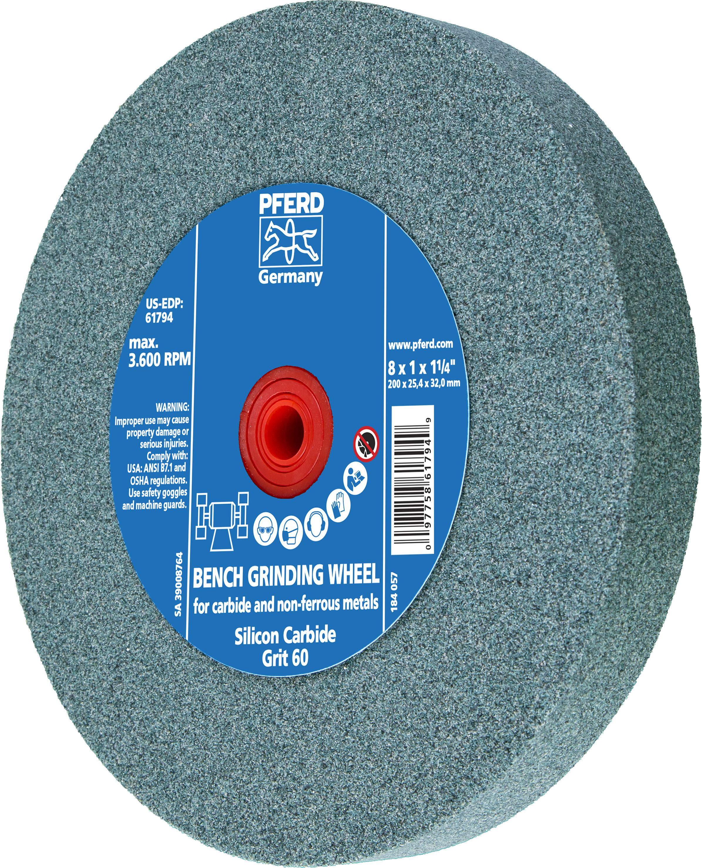 8'' x 1'' Vitrified Bench Wheel 1-1/4'' A.H., Silicon Carbide, 60 Grit